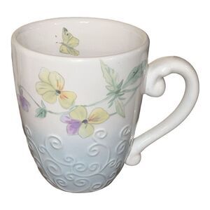 Pfaltzgraff Mug Porcelain Butterflies Lady Bug Violets Coffee Tea Flowers Scroll
